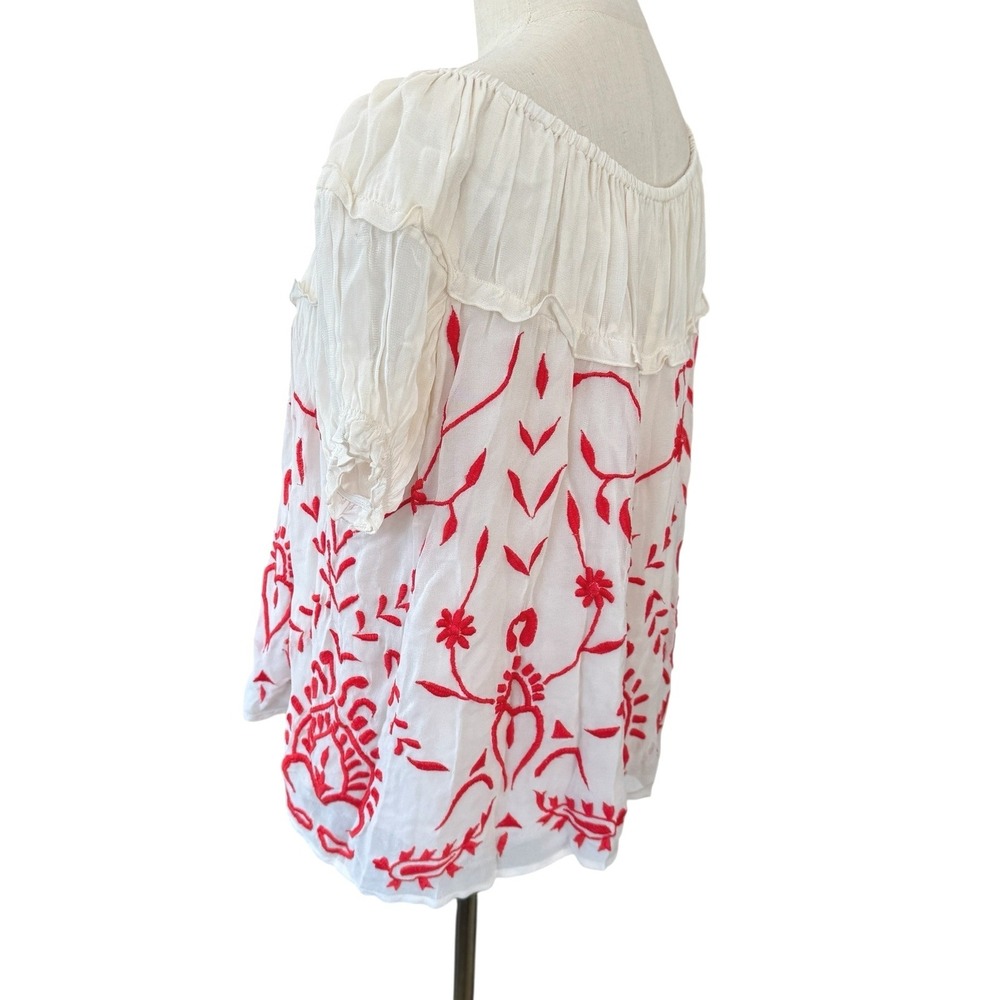 Chan Luu White Red Embroidered Peasant Blouse Top Small Boho Gauze NWT - Picture 3 of 7